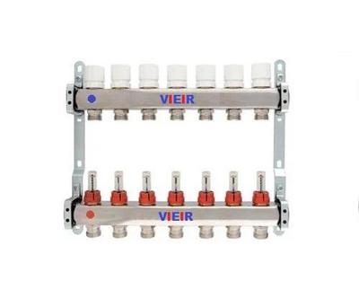 Коллекторная группа для отопления 7 выходов полный комплект (краны, термометры, воздухоотводчики, сливники) 1*3/4 без расходомеров нержавейка Vieir
