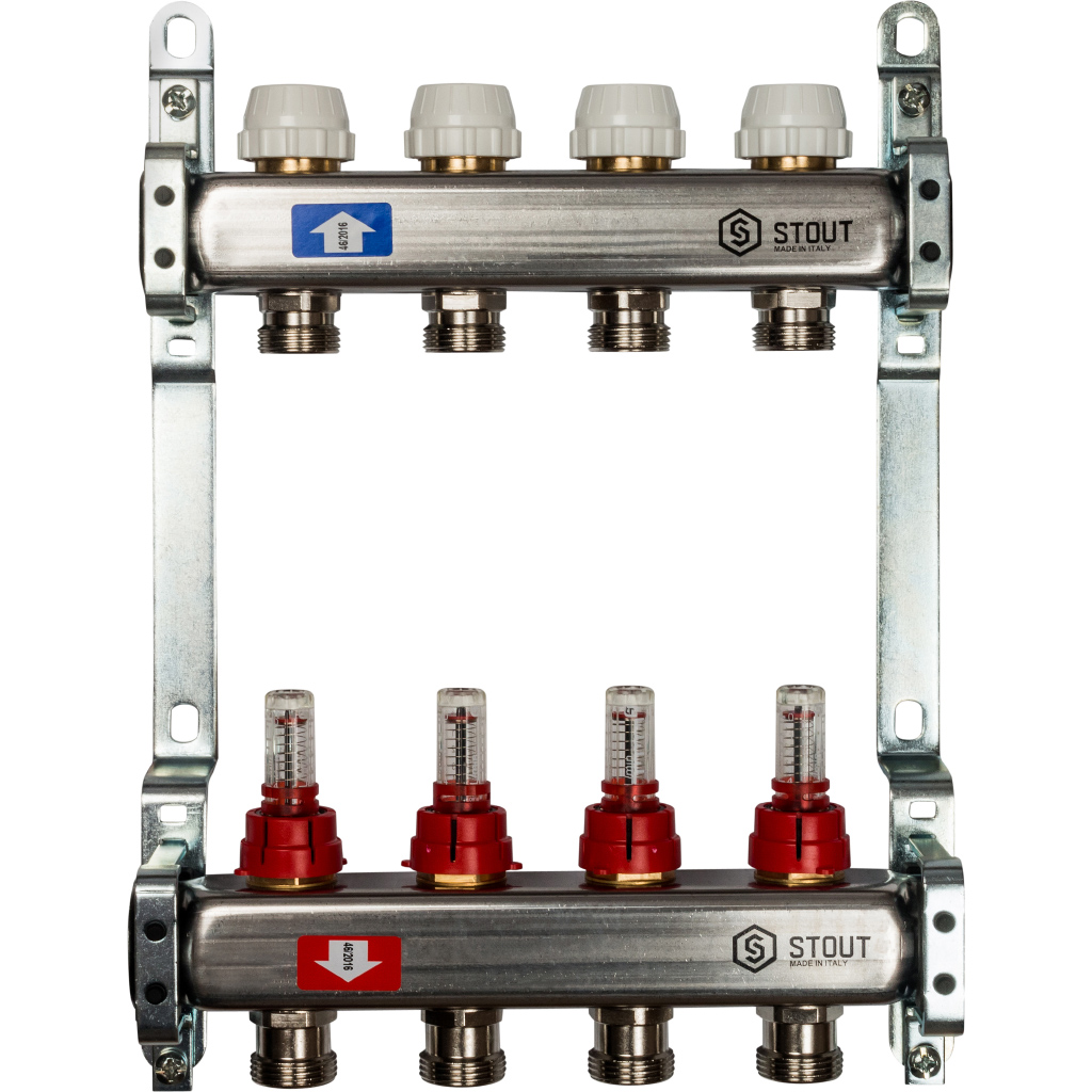 Коллекторная группа для теплых полов 4 выхода 1*3/4 с расходомерами нержавейка STOUT