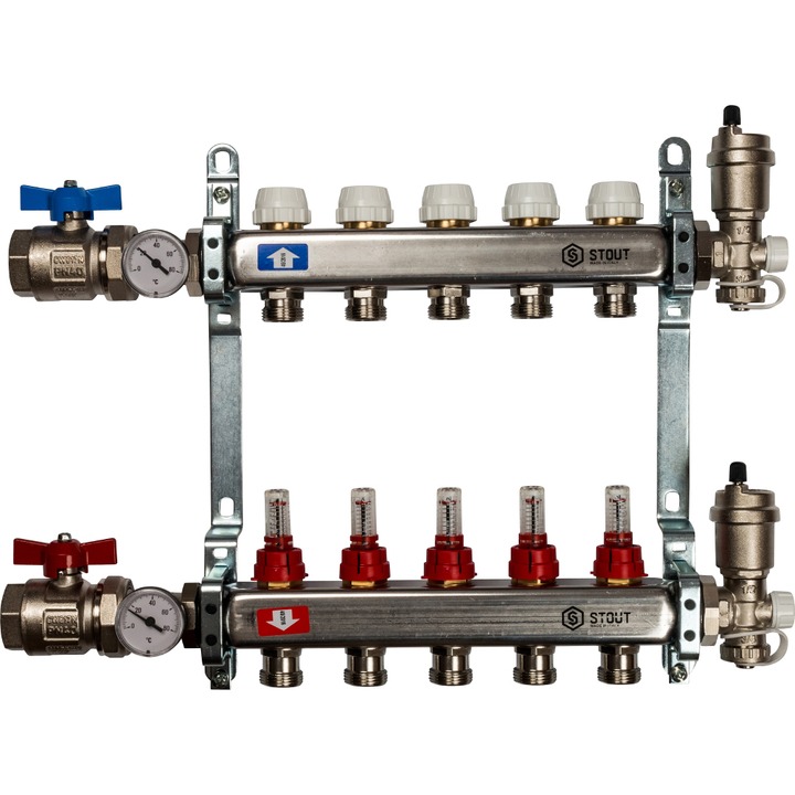 Коллекторная группа для теплых полов 5 выходов полный комплект (краны, термометры, воздухоотводчики, сливники) 1*3/4 с расходомерами нержавейка STOUT